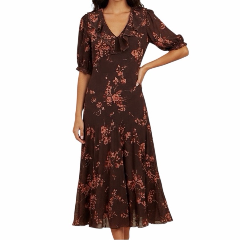 Reformation Brown Floral Midi Dress with Rust Pink Print